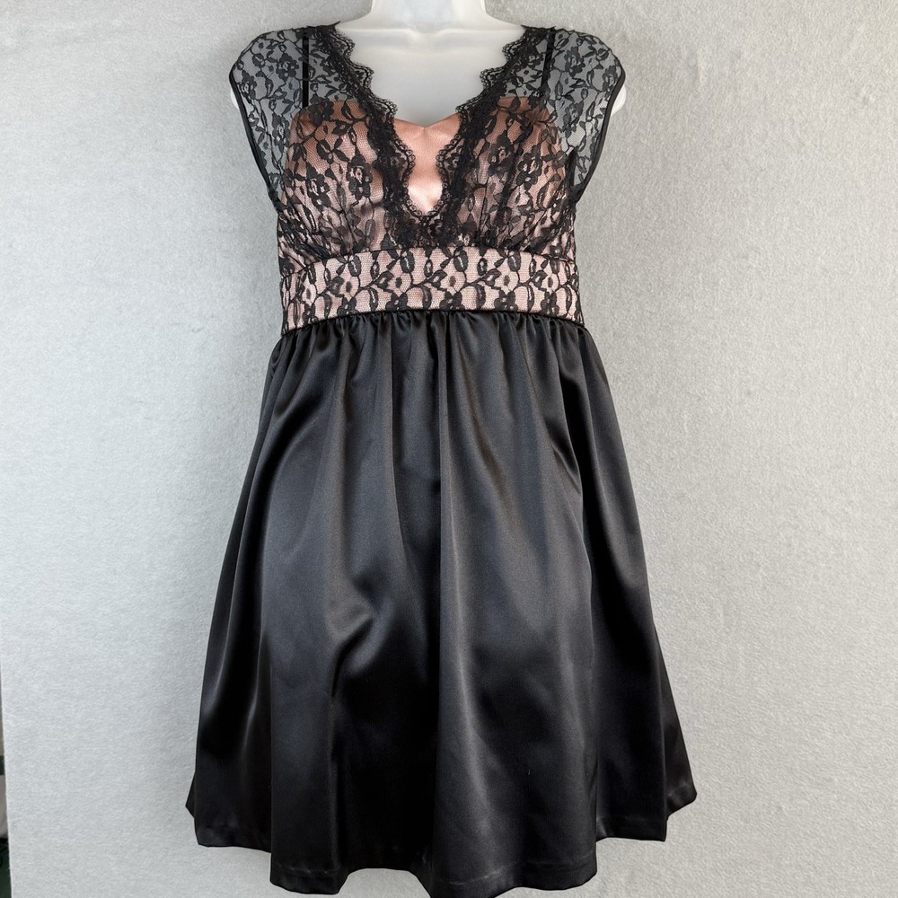Vtg I.N. San Francisco Empire Waist Pink/Black Lace Overlay Dress Sz‎ 11 Hoco